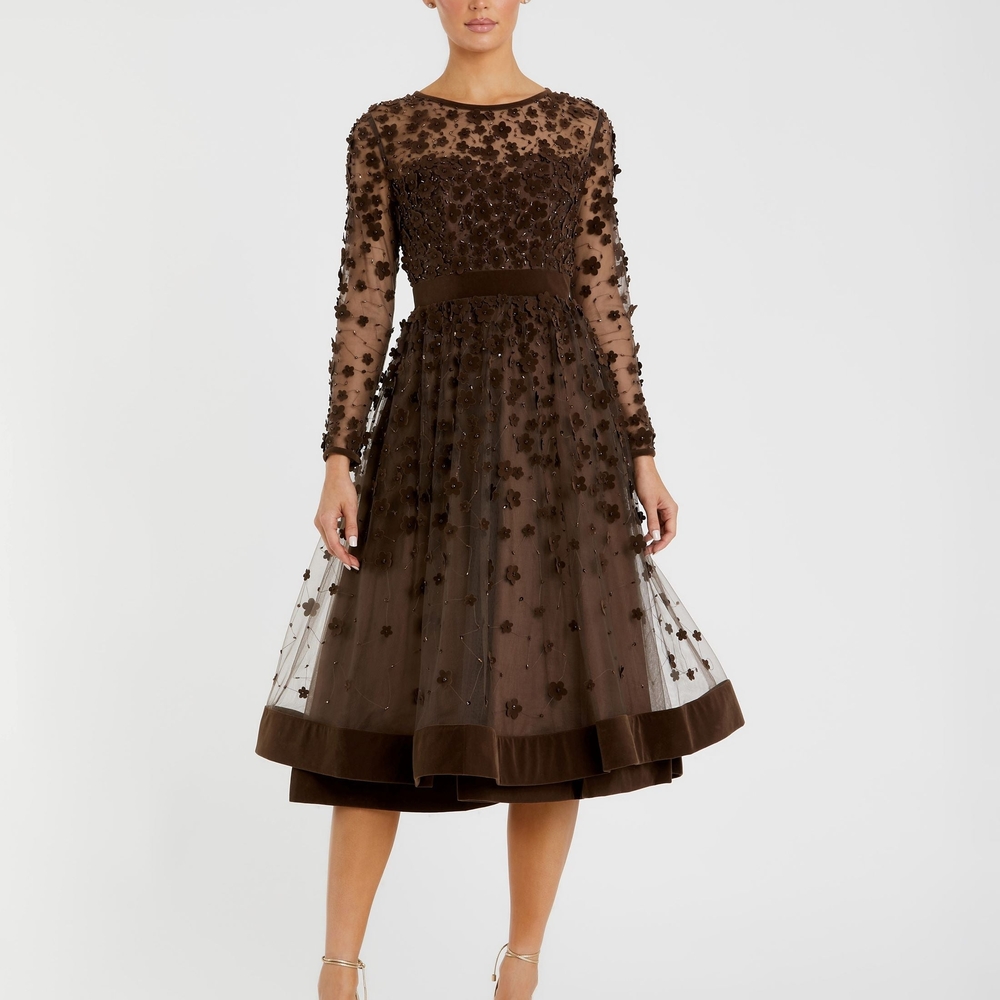 Mac Duggal Sz 2 Brown Embellished Illusion High Neck Long Sleeve Fit Flare Dress